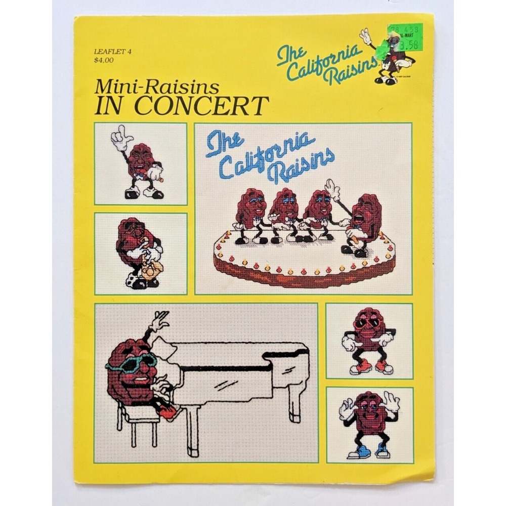 Vintage The California Raisins Cross Stitch Leaflet # 4 Mini-Raisins In Concert